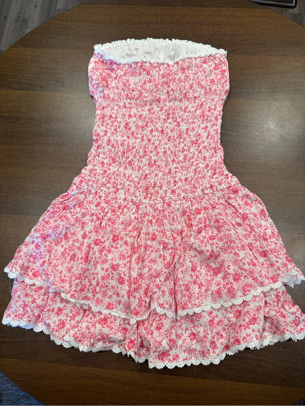 Floral Smocked Strapless Pink Mini Dress with Lace Trim - Picture 2 of 4